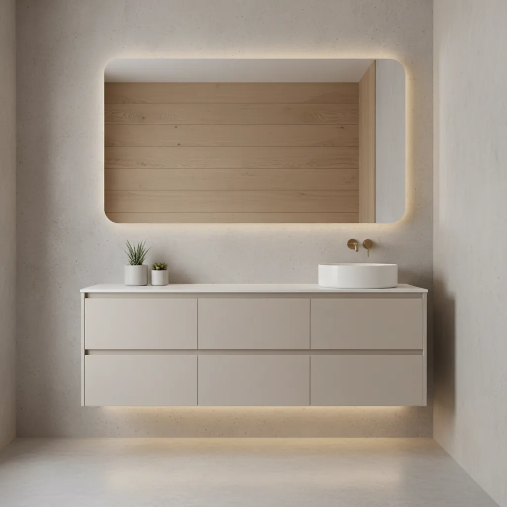 Floating bathroom vanity with hidden drawers in compact bathroom