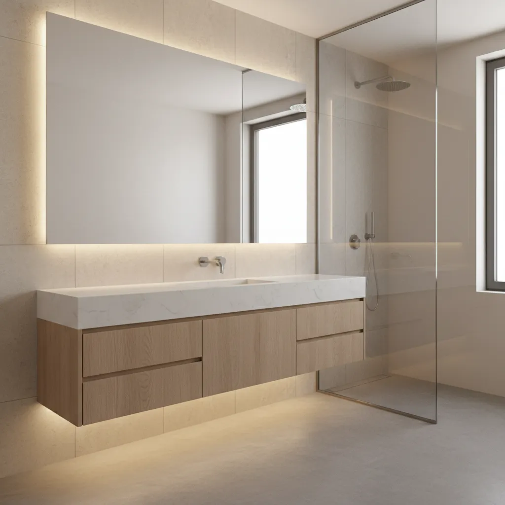 Floating vanity with under lighting in a modern hotel bathroom