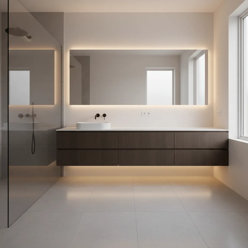 Baño moderno con mueble suspendido y espejo grande