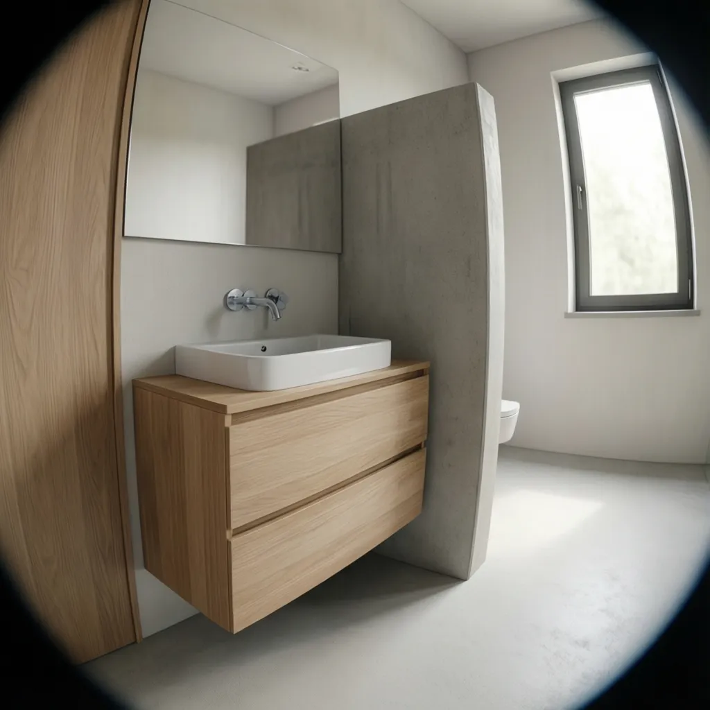 floating vanity next to pony wall in a modern small bathroom