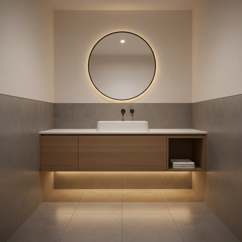 Modern bathroom featuring wooden cabinet white sink round backlit mirror grey wall panels and lighting