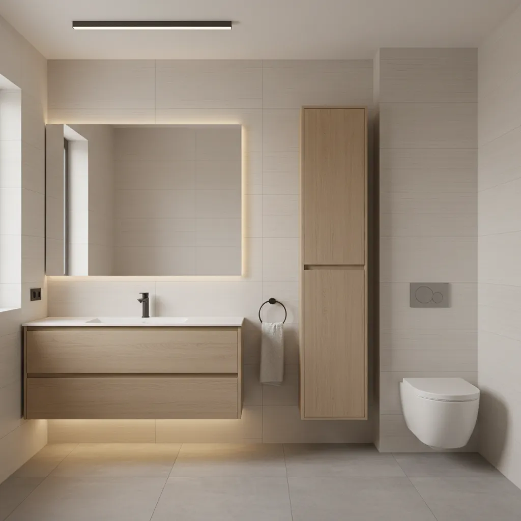 small bathroom with floating vanity and tall storage cabinet