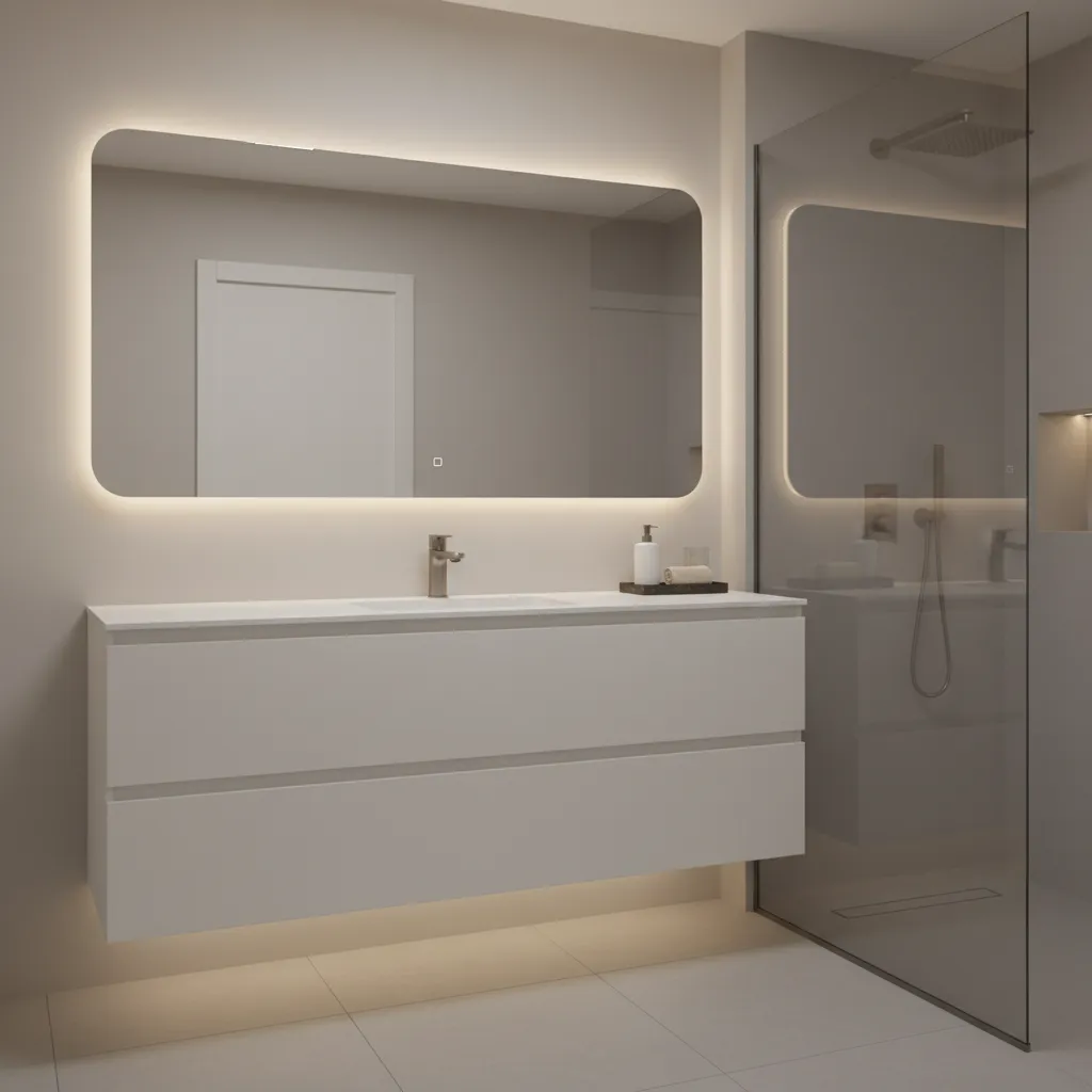 Floating vanity in a small bathroom creating open floor space