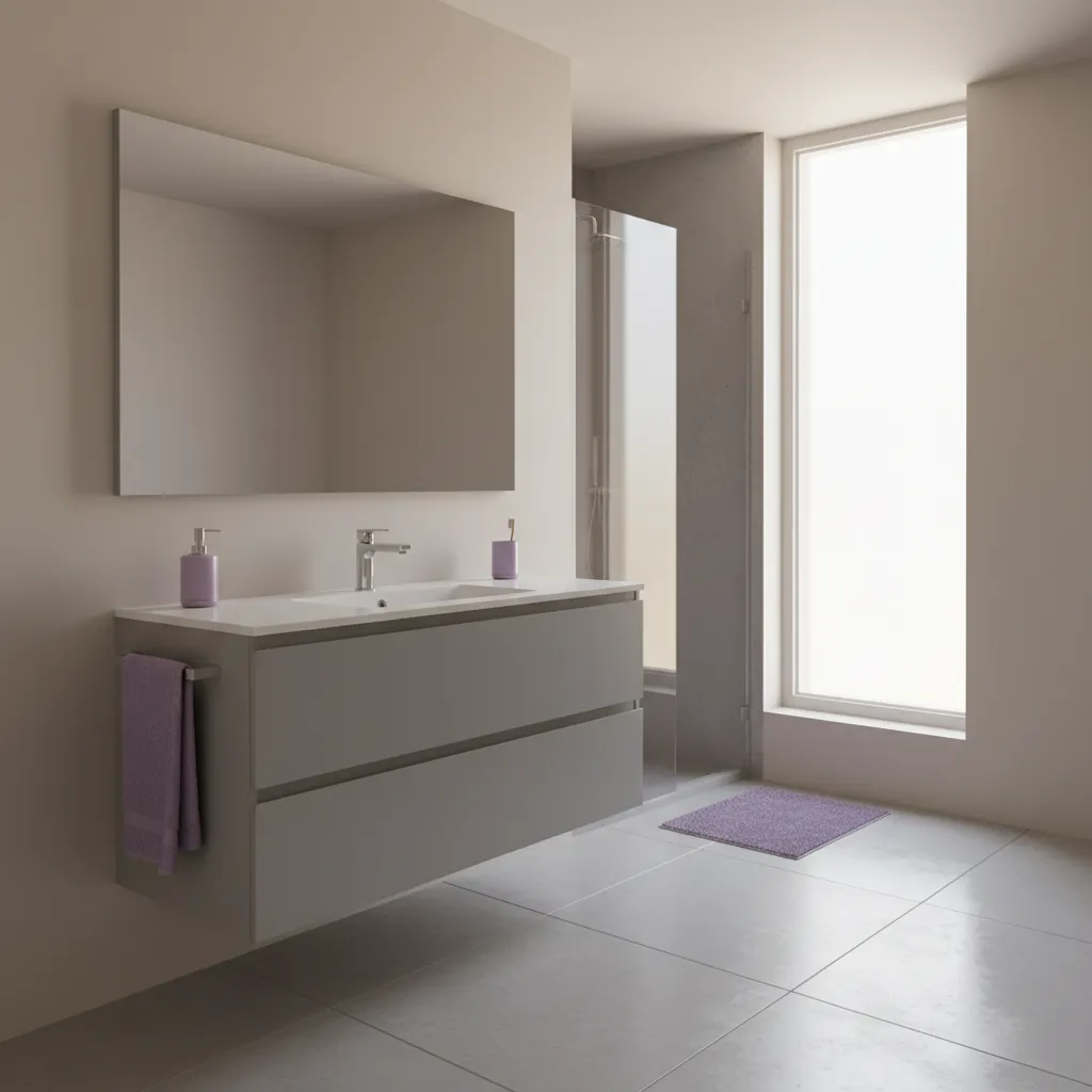 Small bathroom with floating gray vanity and purple decor accents