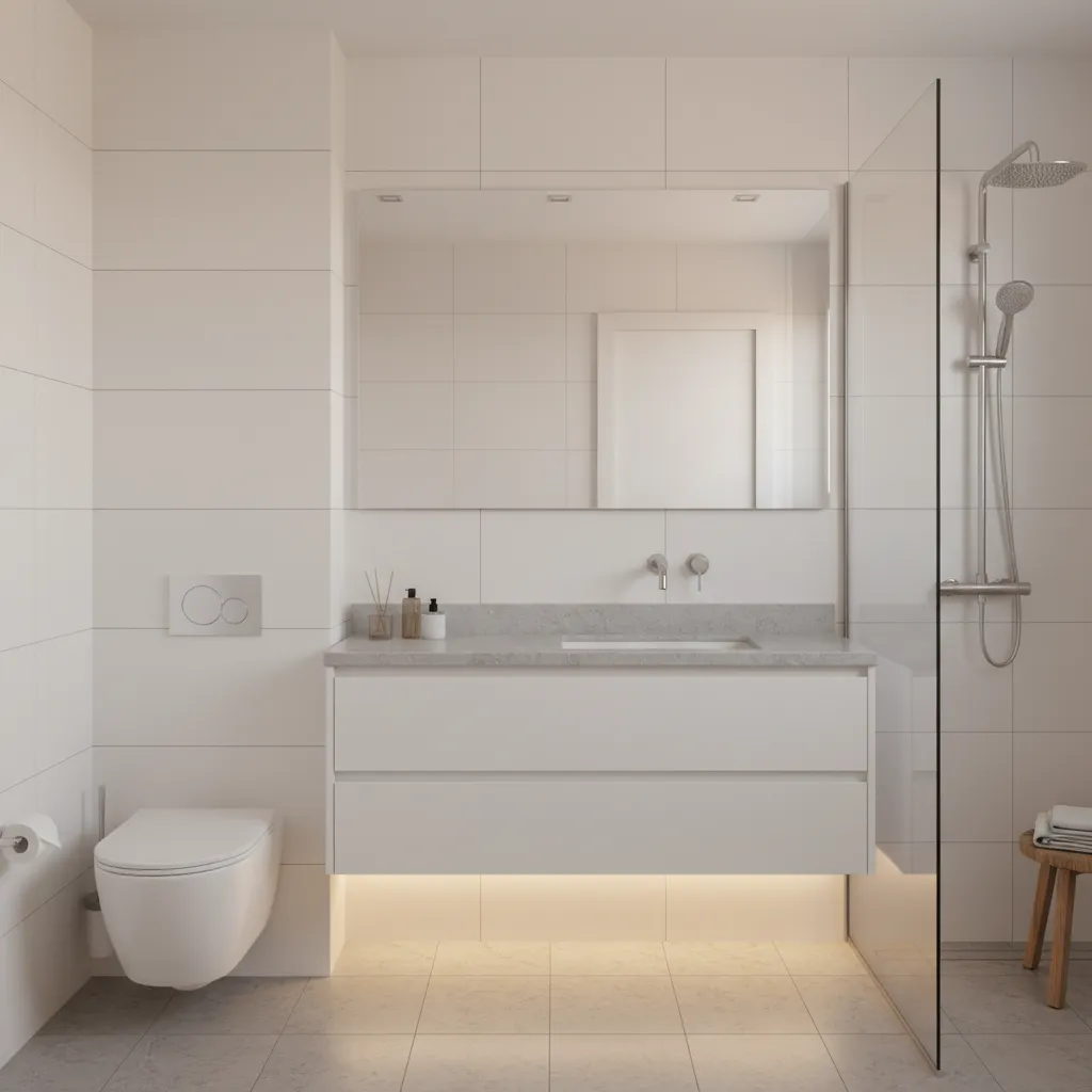 Small bathroom with floating vanity and white tiles creating more floor space