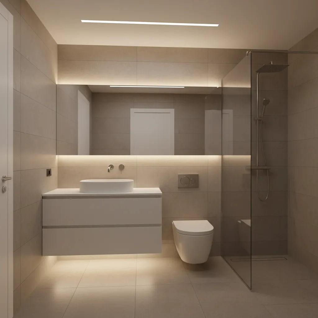Compact bathroom with floating vanity and large mirror creating open floor space