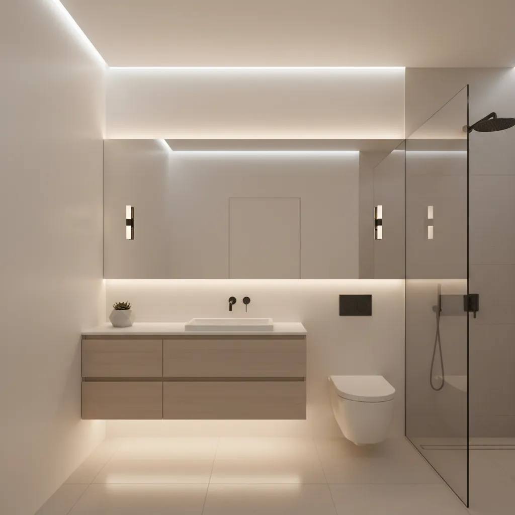 Floating vanity design in a compact 5x8 bathroom