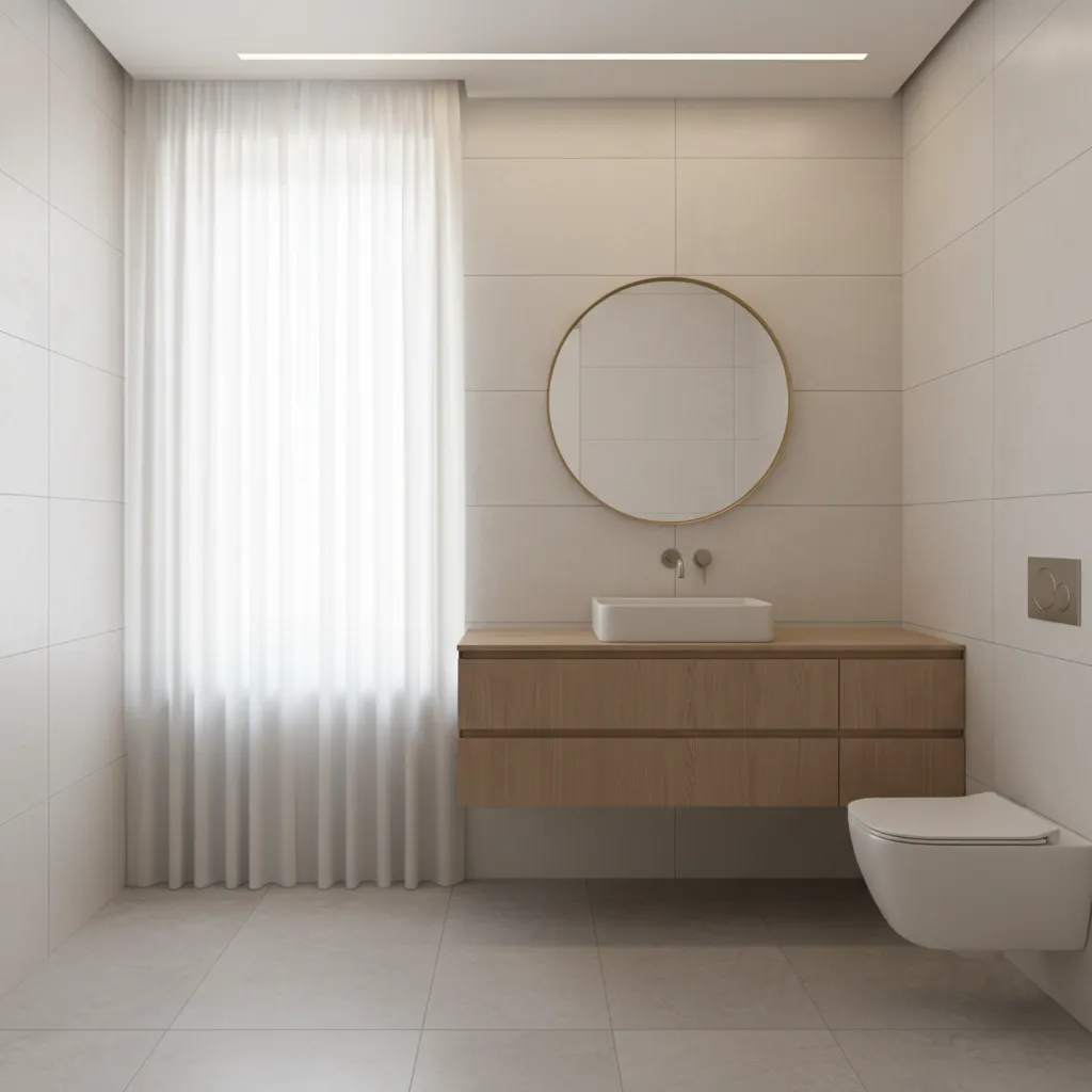 floating vanity in modern small bathroom creating open floor space