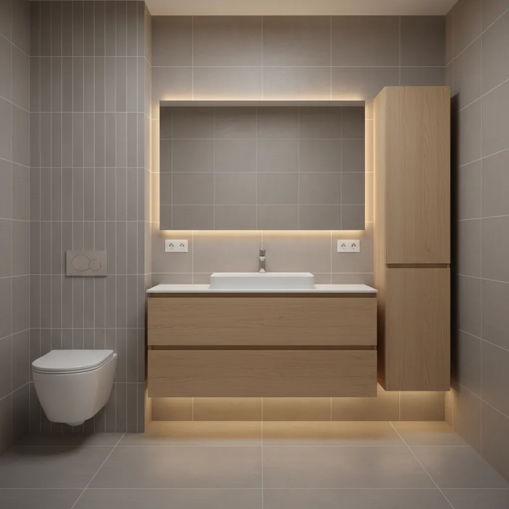 small bathroom with floating vanity and vertical storage cabinet