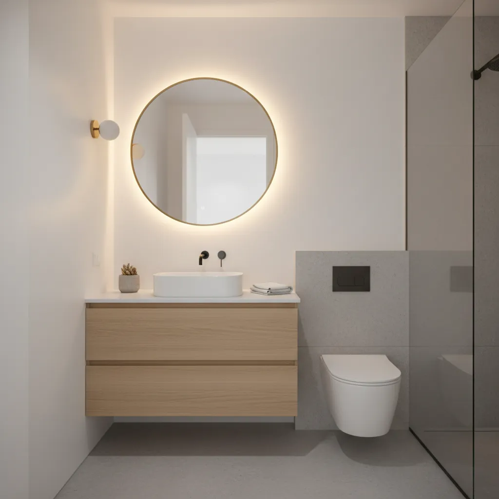 small bathroom with wall mounted floating vanity creating open floor space