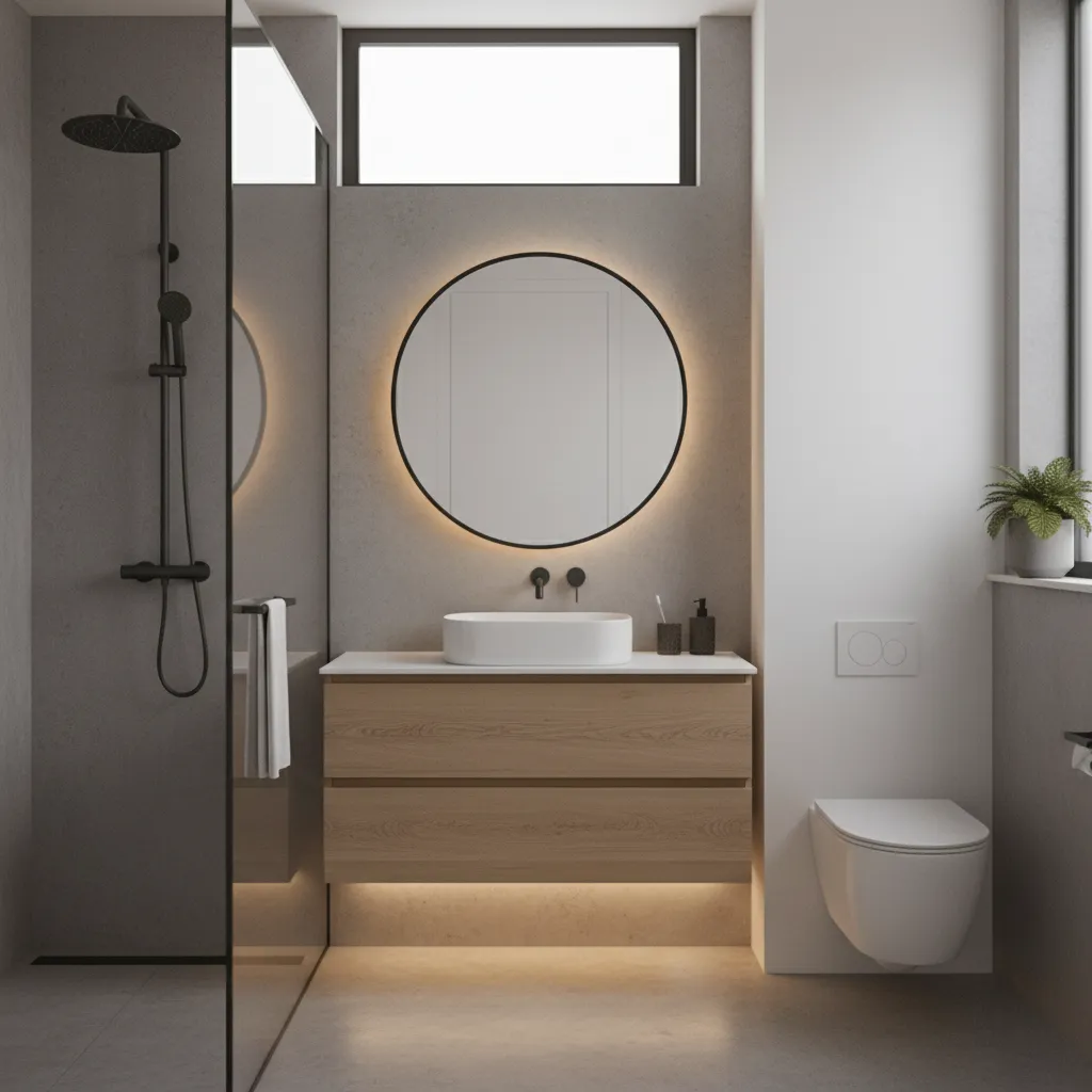 Floating vanity basin with storage in a small bathroom