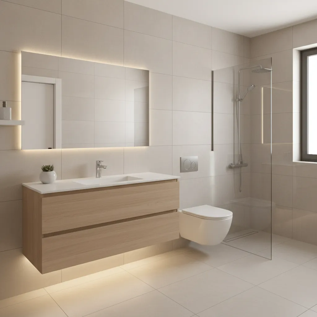 modern small bathroom with floating vanity and large mirror improving space perception