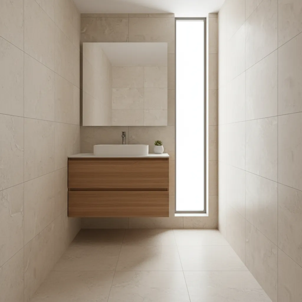Modern floating vanity in a small narrow bathroom creating visual floor space
