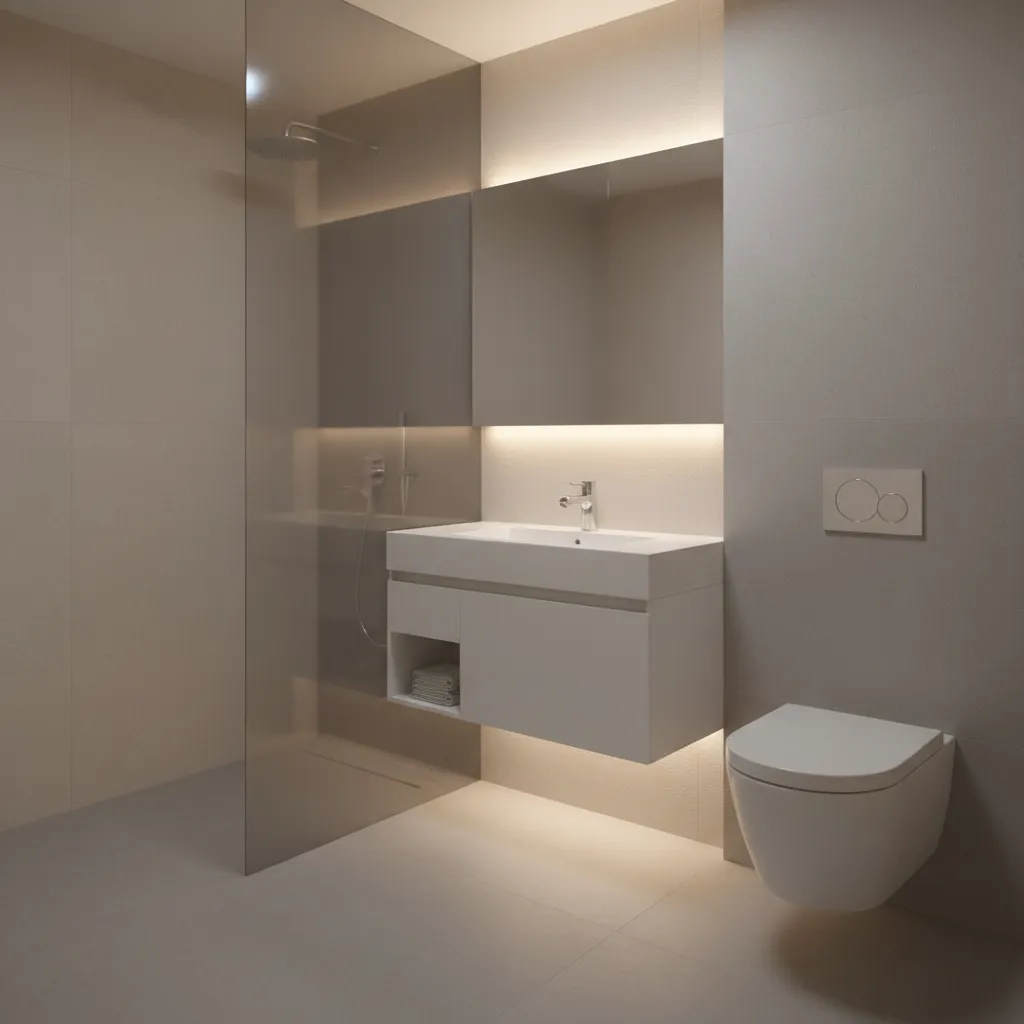 floating vanity and wall mounted toilet in small bathroom saving space