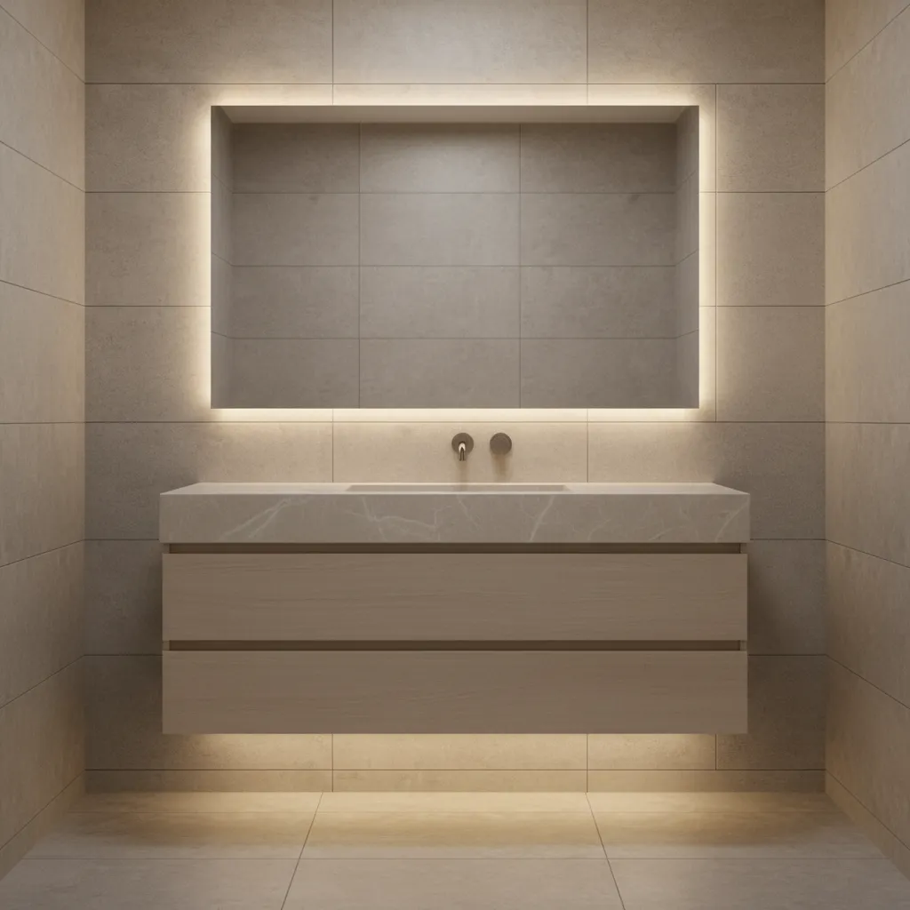Floating vanity with storage drawers in a modern small bathroom
