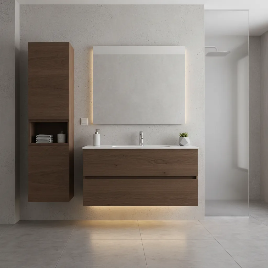 floating vanity with drawers in compact bathroom layout
