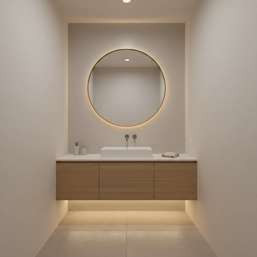 Small powder room with floating vanity and large mirror