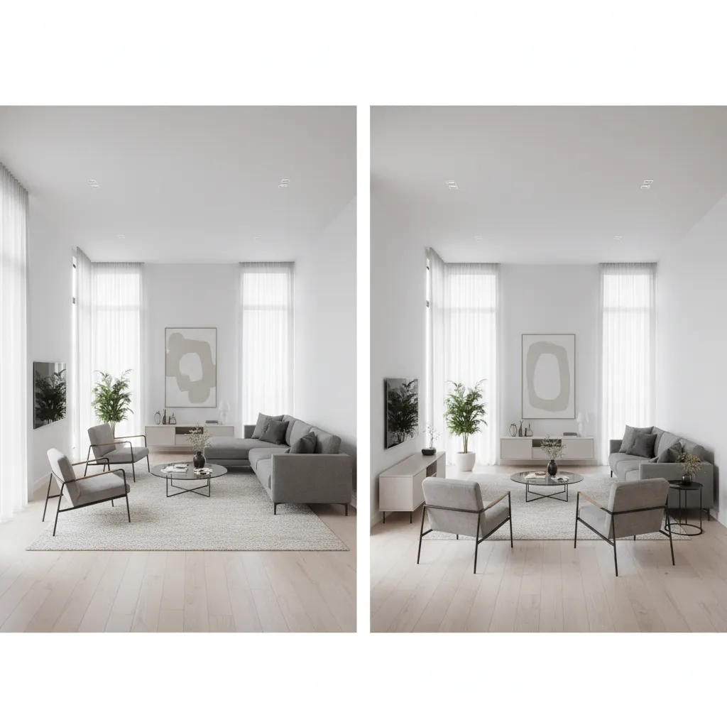 Floating furniture layout compared to wall aligned layout in long living room
