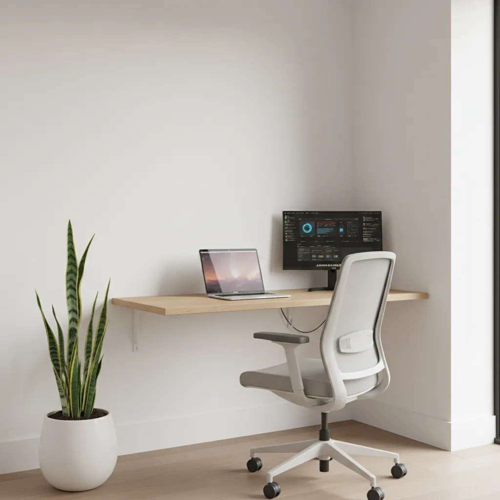 floating wall desk setup in a compact apartment workspace