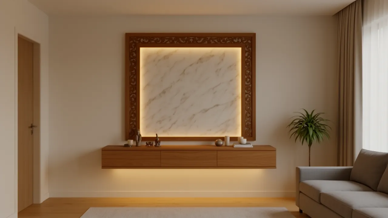 Floating wall mounted mandir in modern living room