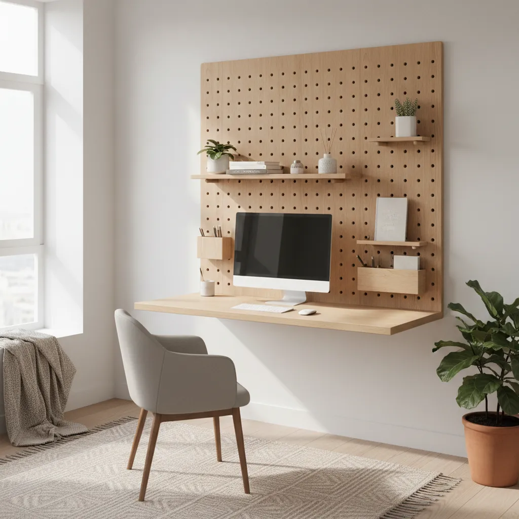 Floating wall mounted study desk with shelves in a small room