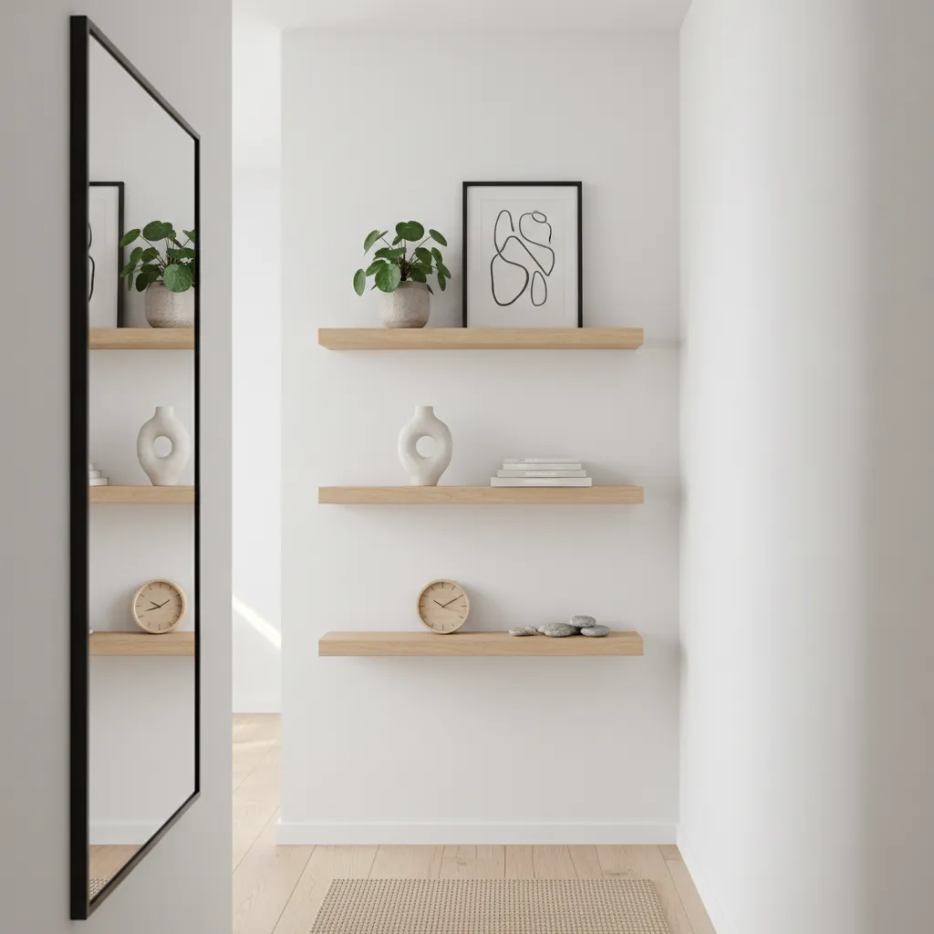 floating wall shelves installed along a modern hallway wall