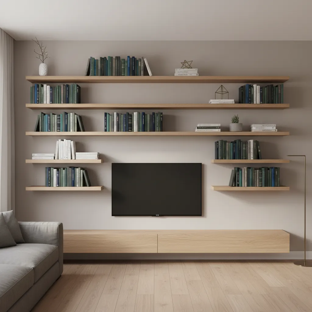 Floating wall shelves arranged in modern living room layout