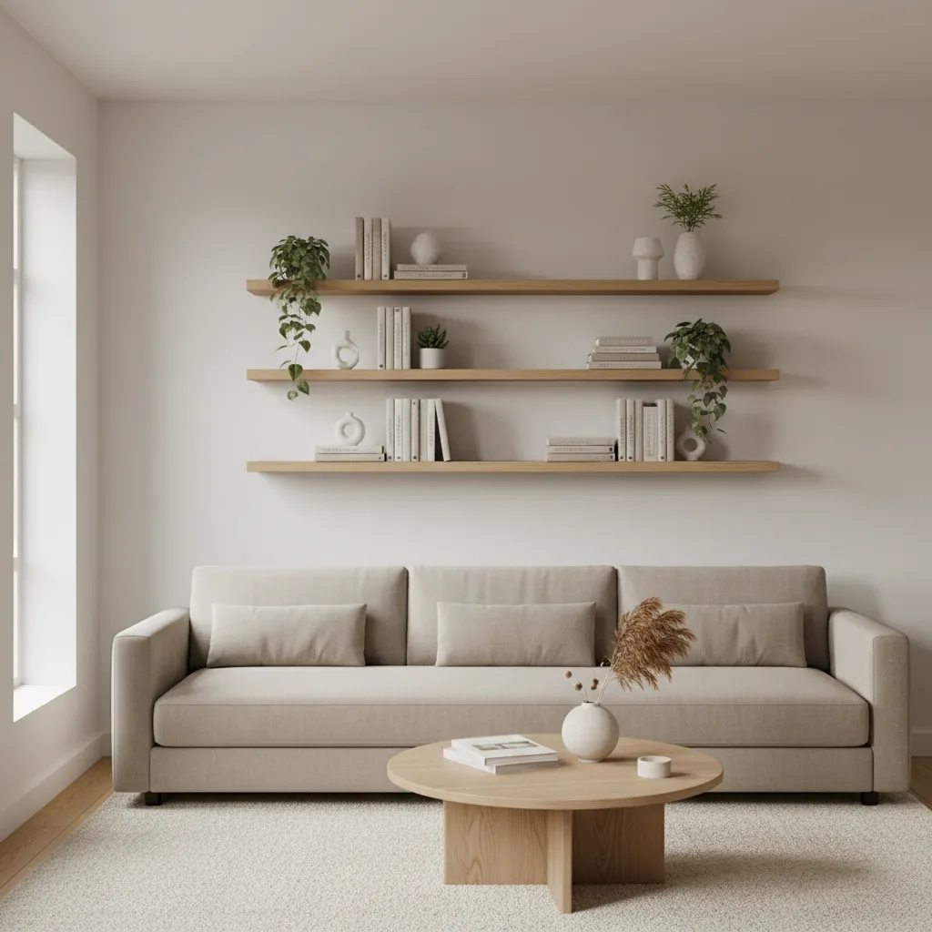 modern living room with floating wooden wall shelves above sofa