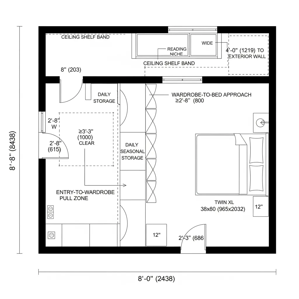 Top-down CAD plan of 8x8 bedroom with low wardrobe spine dividing storage and Twin XL bed