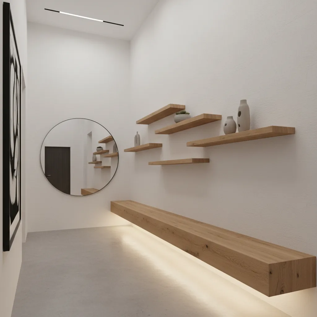modern hallway with floating wooden bench and wall mounted storage