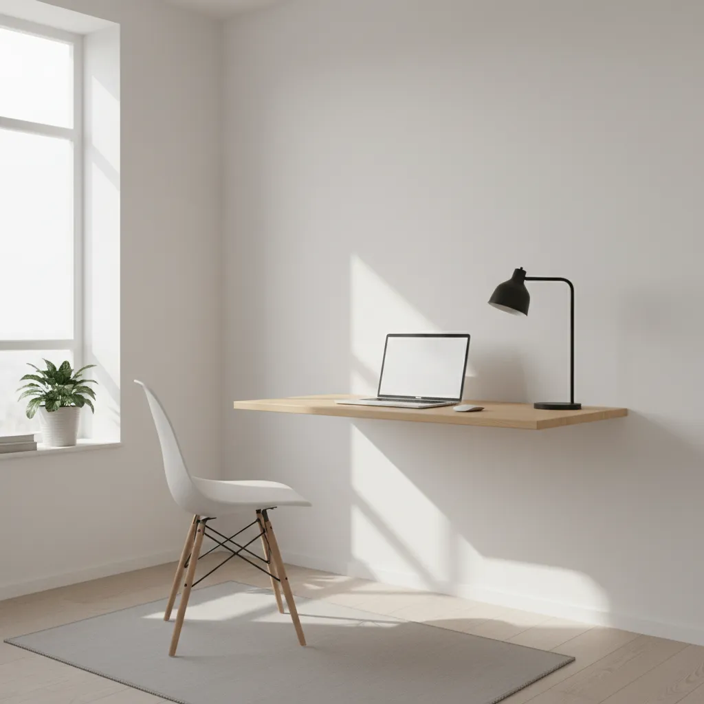 minimal floating wooden desk mounted to wall in a small apartment workspace