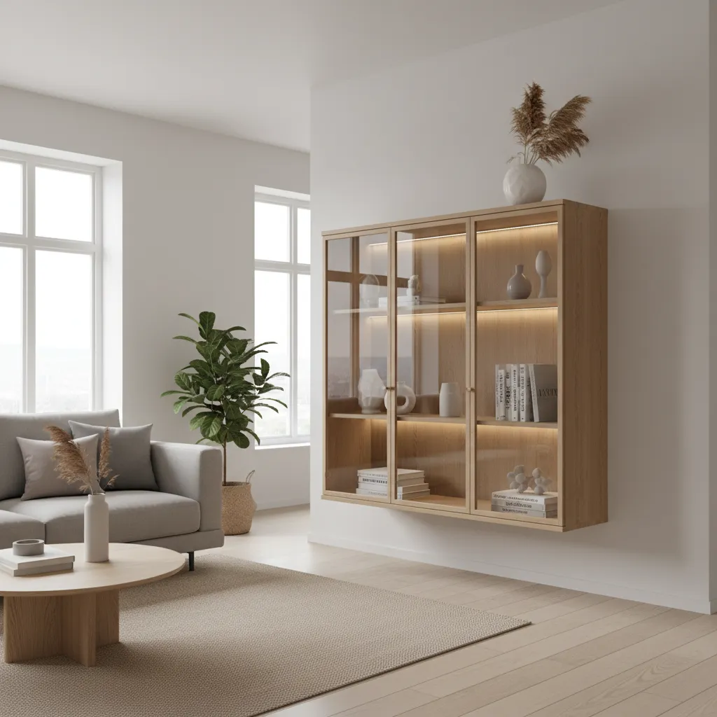 Floating wooden showcase cabinet with glass doors in modern living room