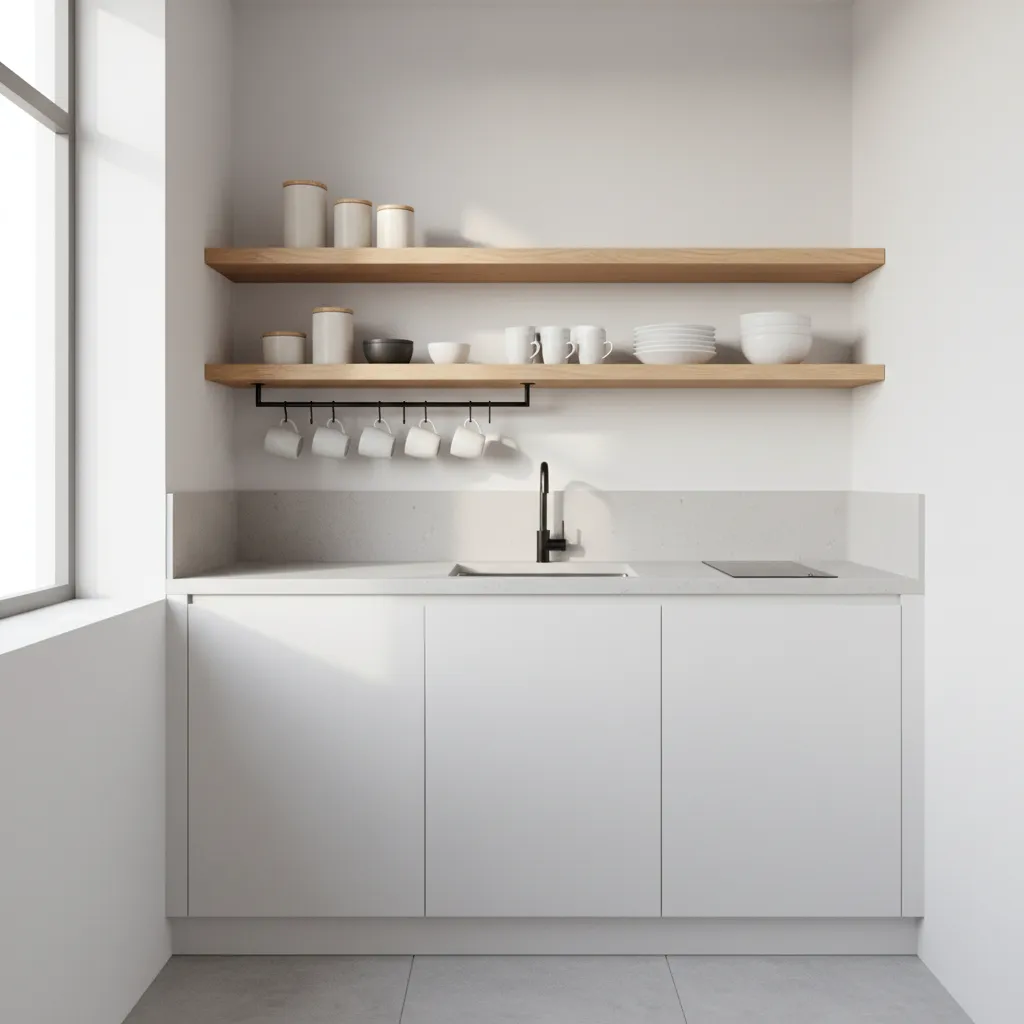 floating wooden shelves in a small kitchen above countertop
