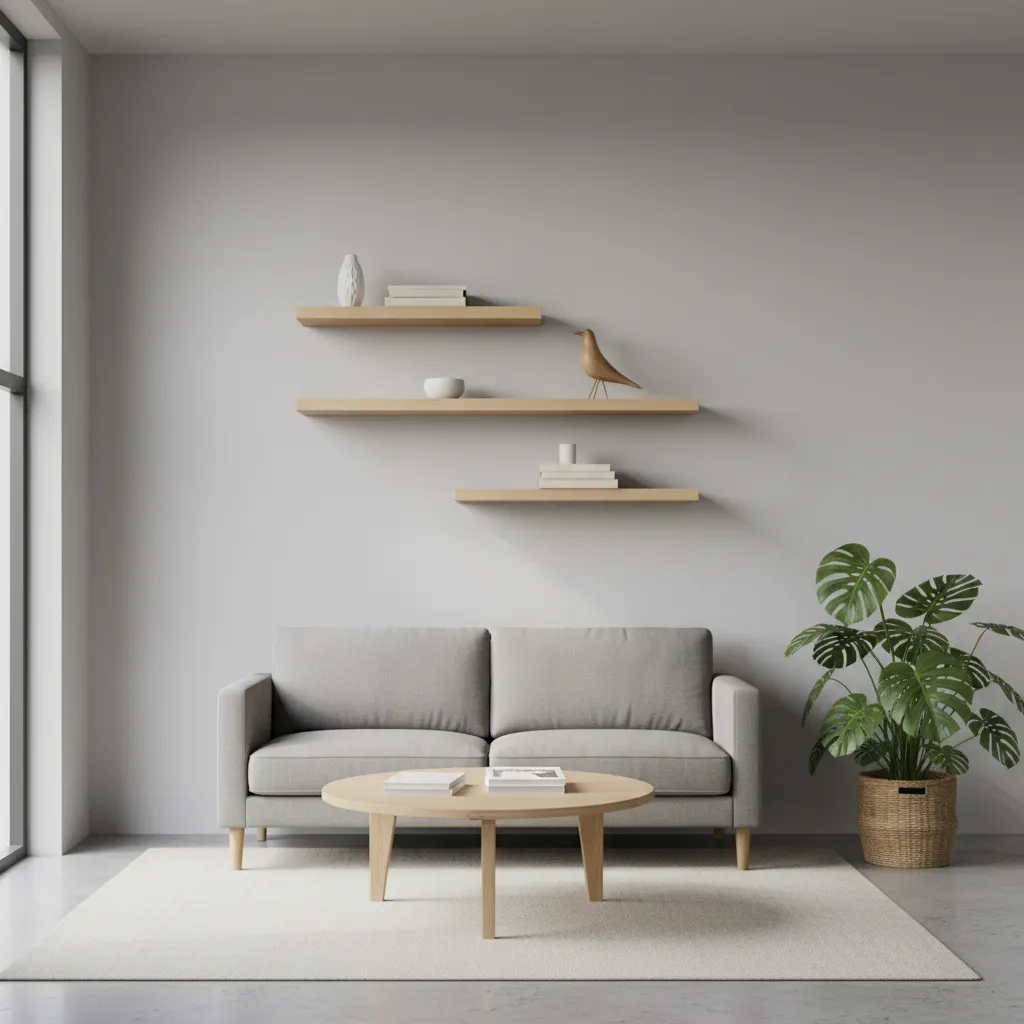 floating wooden shelves showcase design in small living room