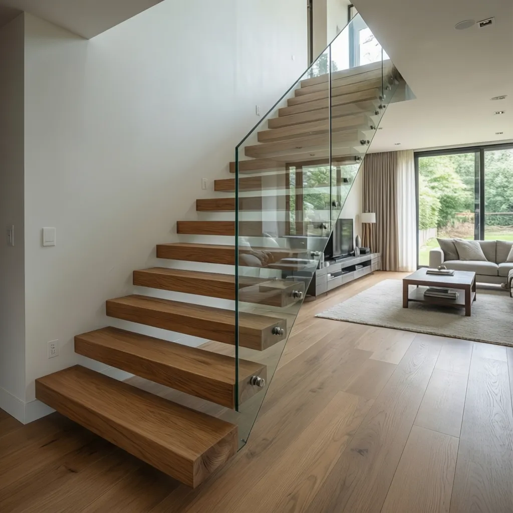Escalera flotante de madera en interior moderno con barandilla de vidrio