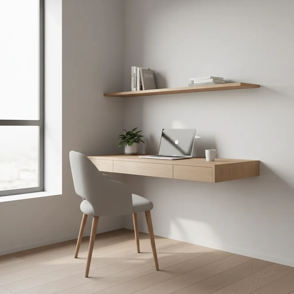 Floating wooden desk with laptop beside a window featuring a grey chair and wooden shelf