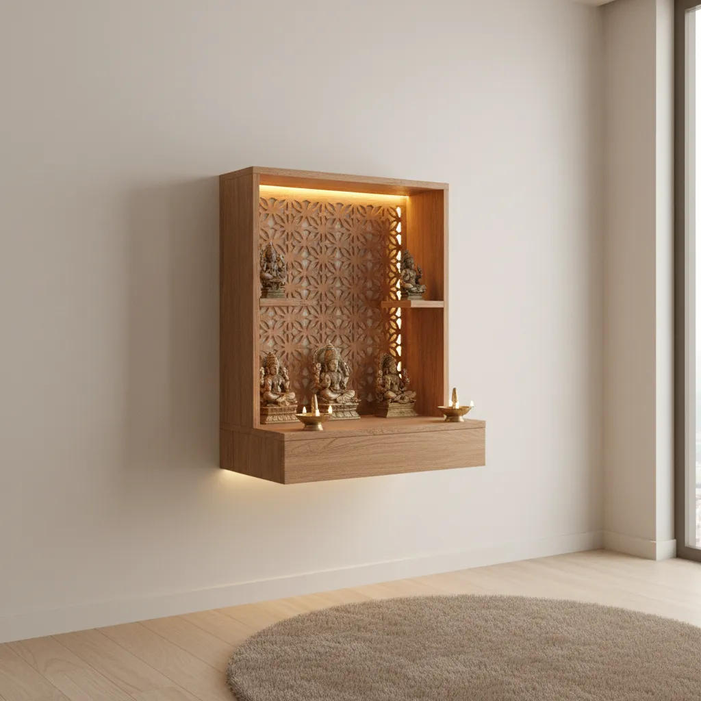 floating wooden wall mounted pooja unit with carved panel and small drawer