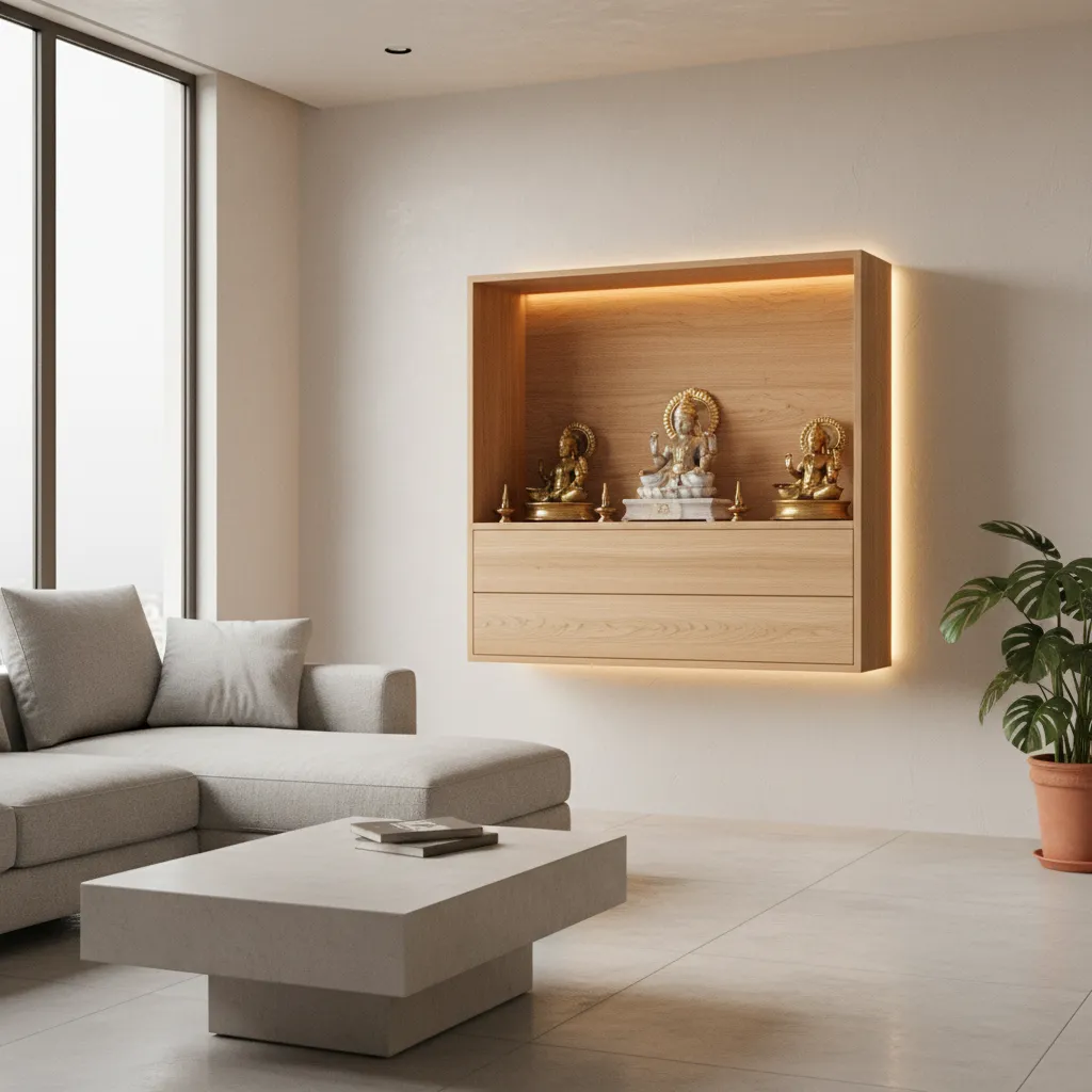 floating wooden pooja unit with drawer and backlit panel mounted on wall