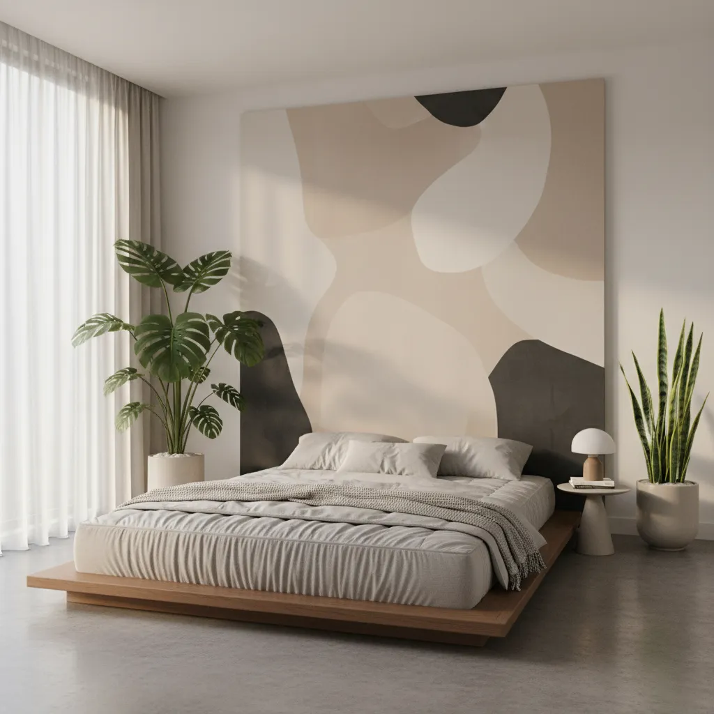 Floor mattress framed with wall art and indoor plants