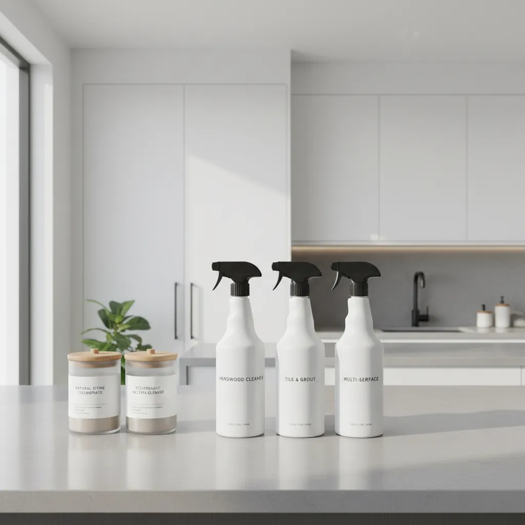 Cleaning products suitable for linoleum and vinyl flooring displayed on kitchen counter