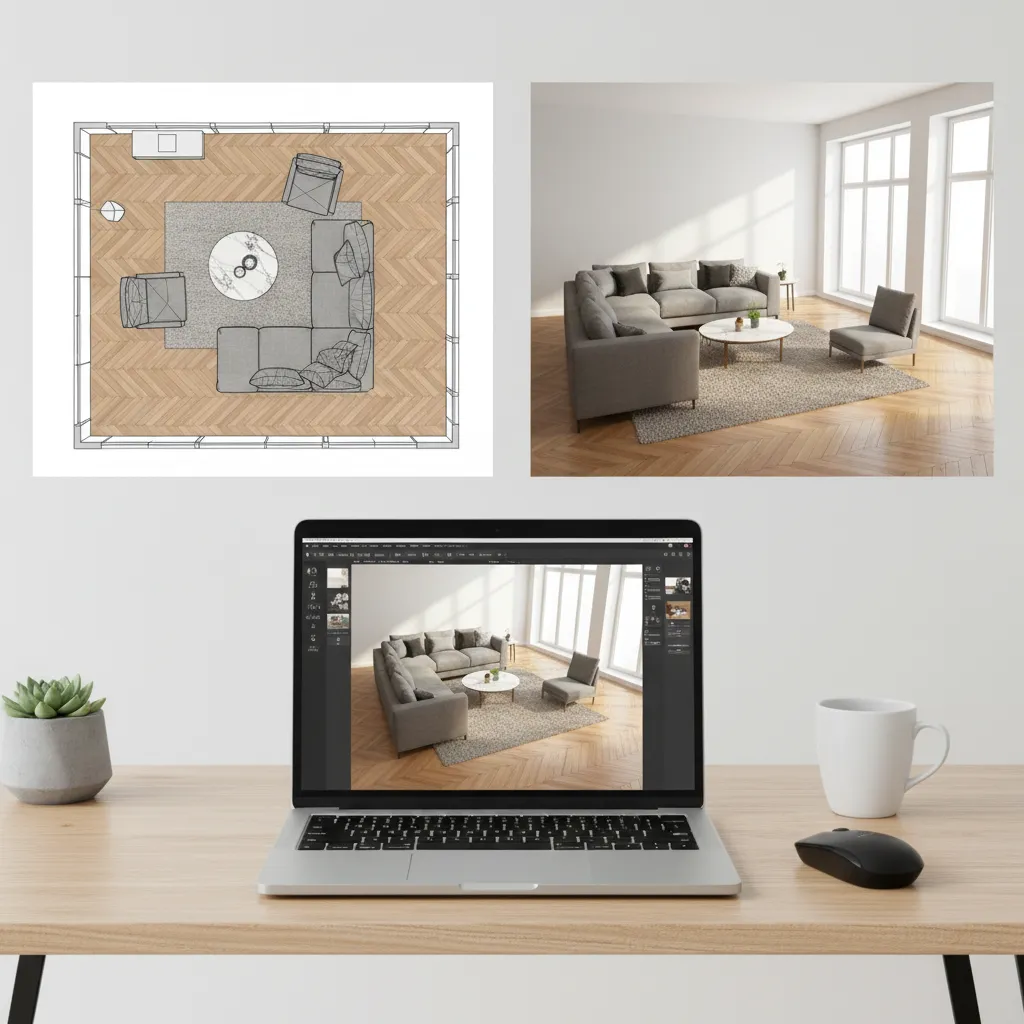 Laptop displaying interior design software with a living room floor layout and furniture plan