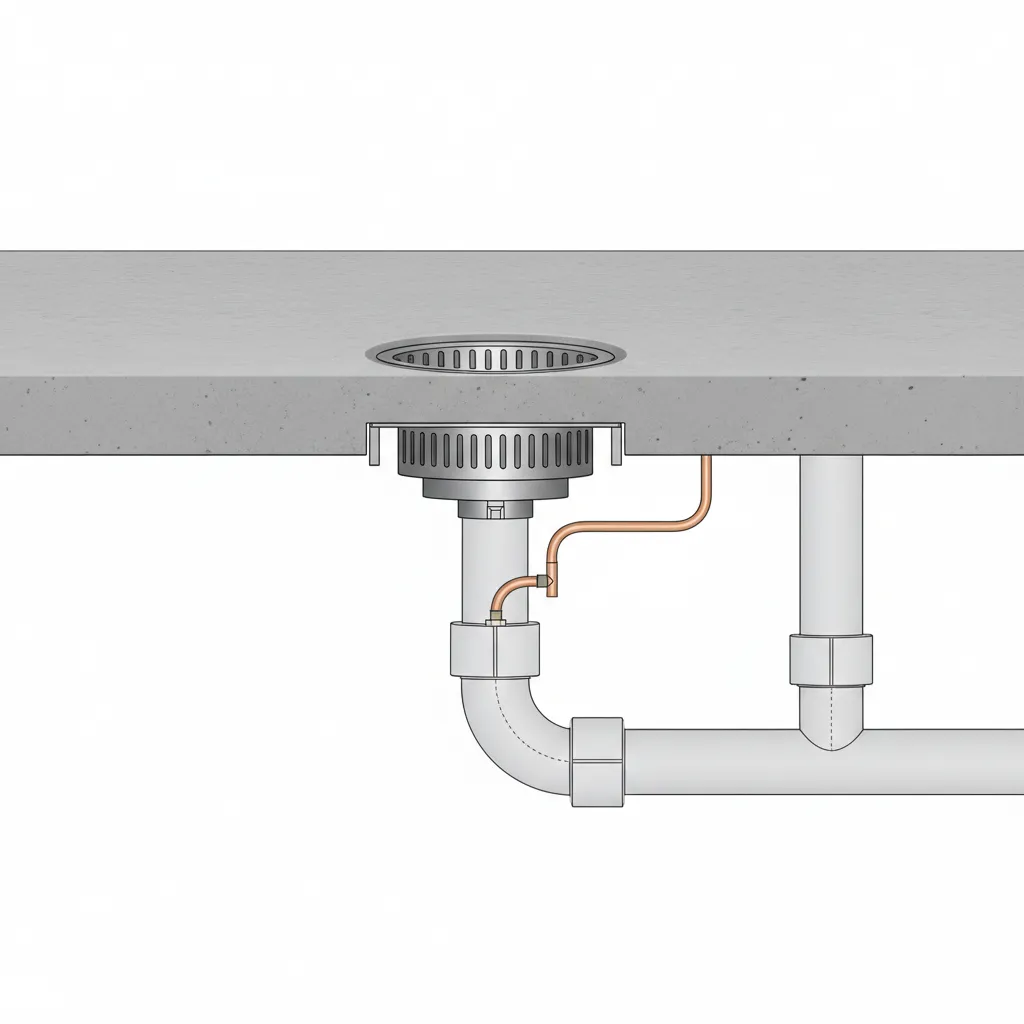 Plumbing diagram showing floor drain trap and trap primer connection