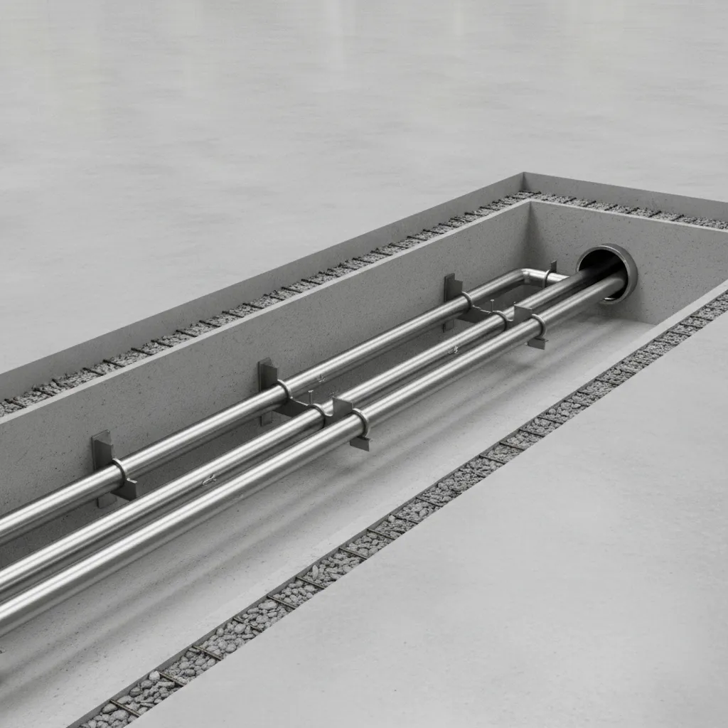 Industrial floor drainage pipes demonstrating correct slope toward main drain