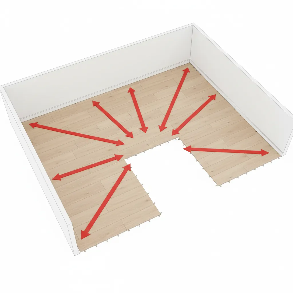Diagram style visualization of flooring expansion pressure meeting at an interior corner