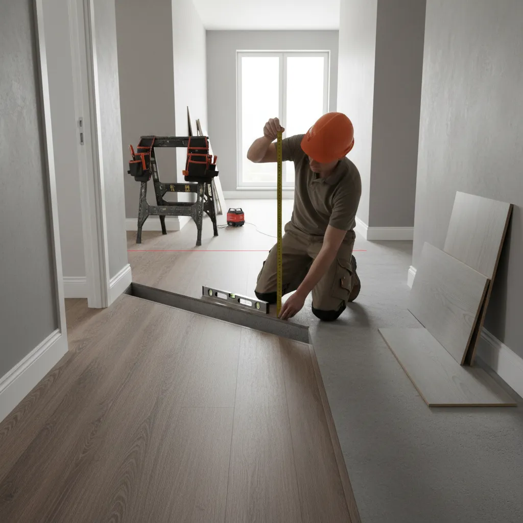 Contractor measuring floor height transition between laminate and vinyl plank installation