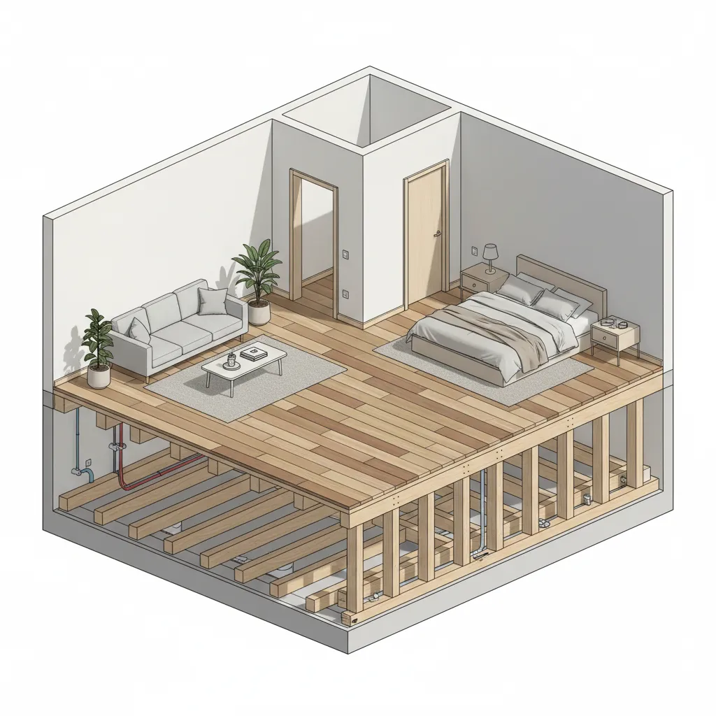 cutaway diagram showing hardwood planks installed perpendicular to floor joists