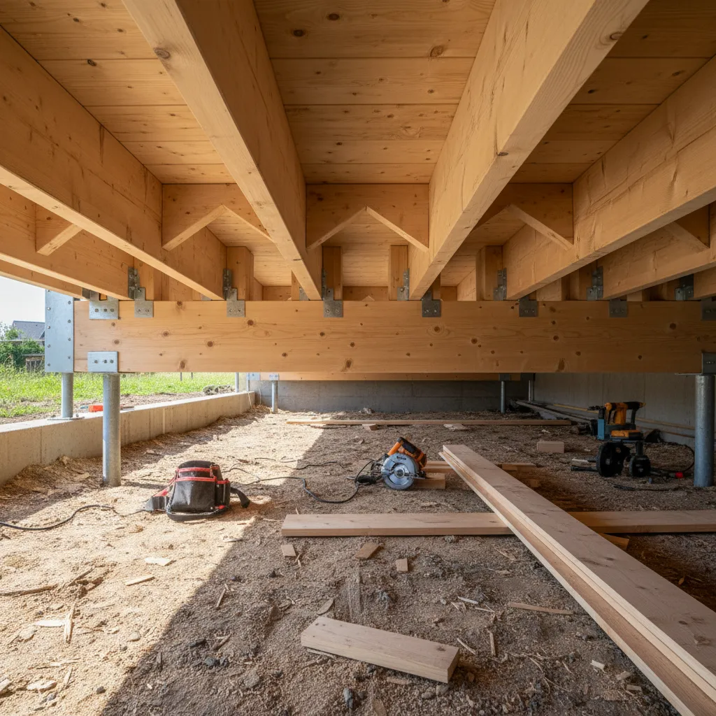 Floor joist reinforcement with blocking and beam support in a lightweight house