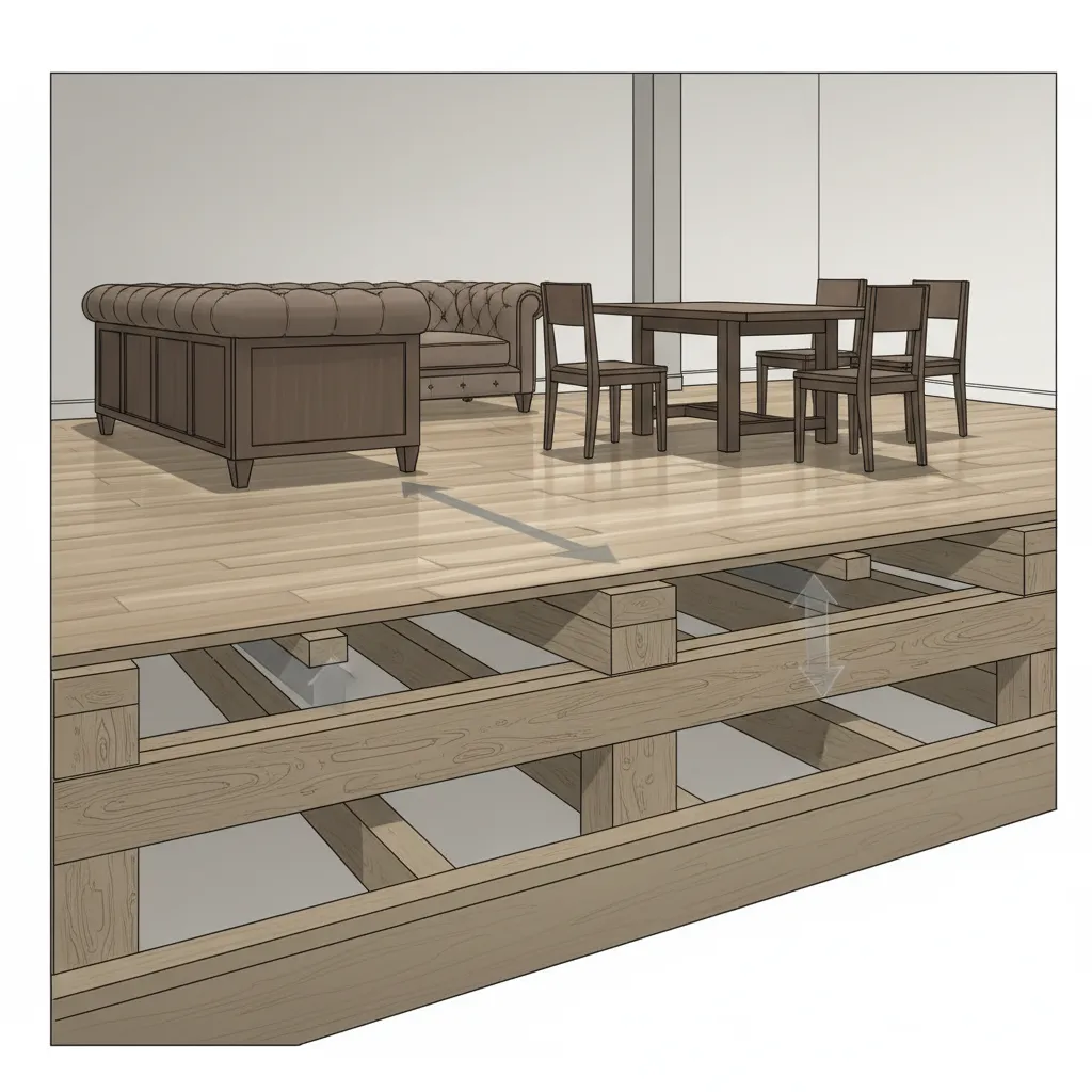 Interior diagram showing how weight spreads across floor joists under furniture
