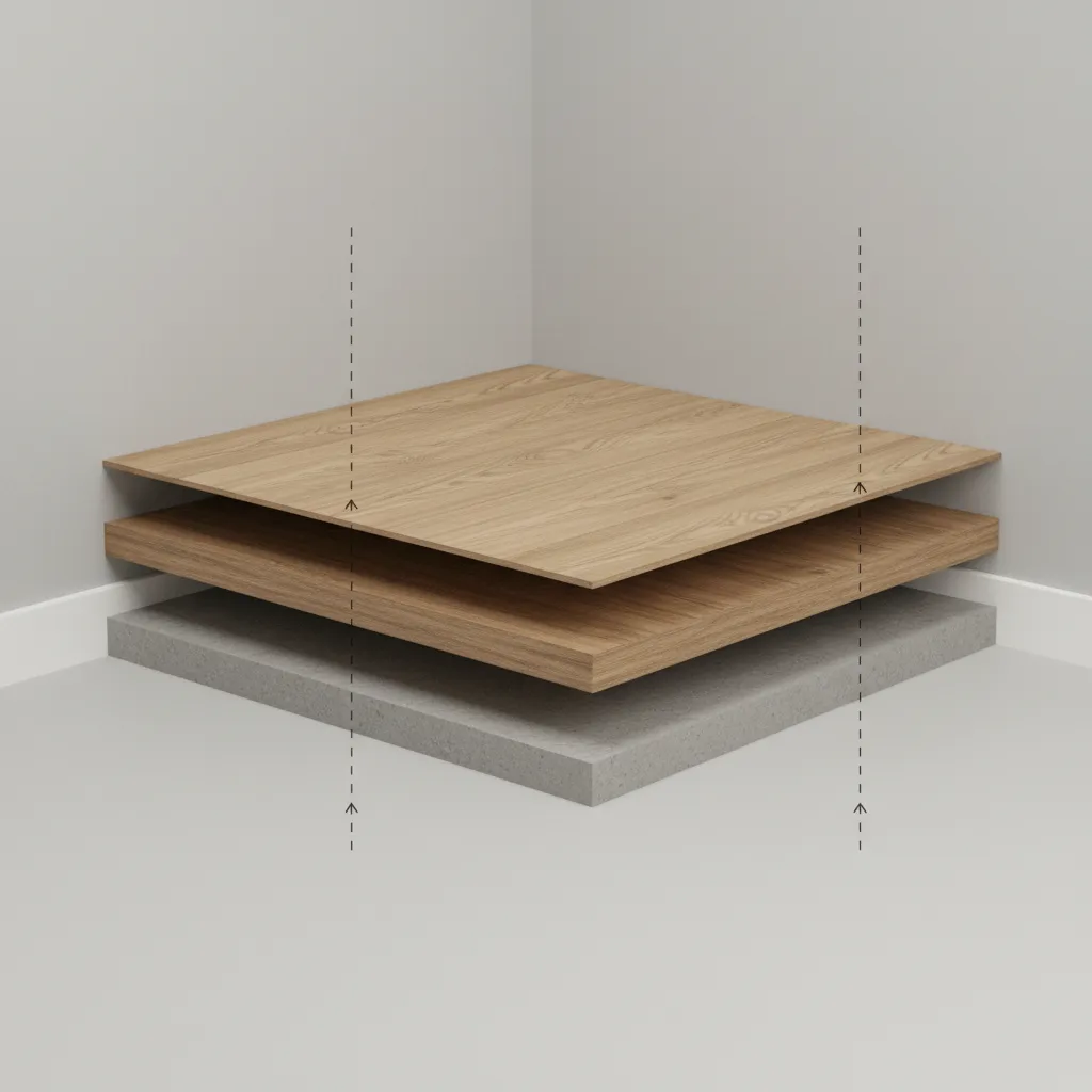 Cross section showing vinyl plank flooring layered over laminate and subfloor structure