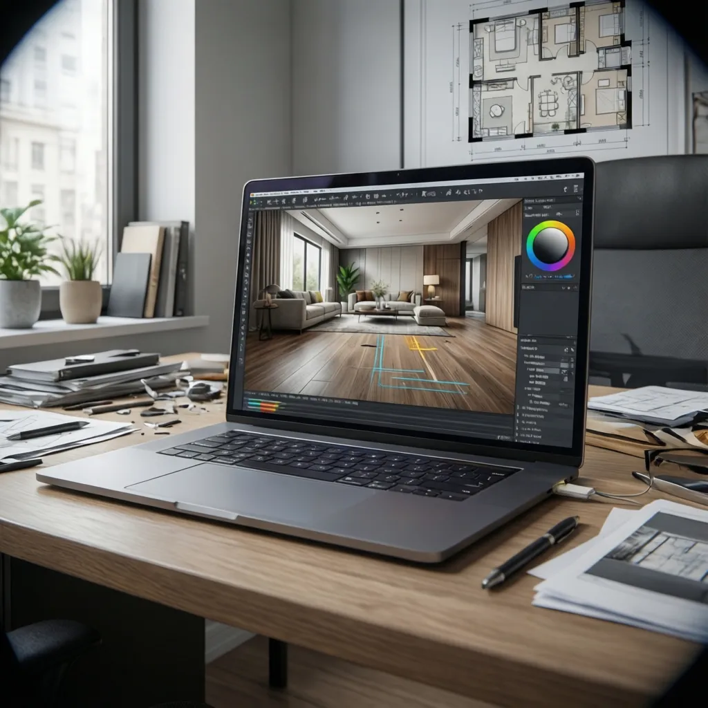 Digital room layout planning showing laminate flooring direction and furniture placement